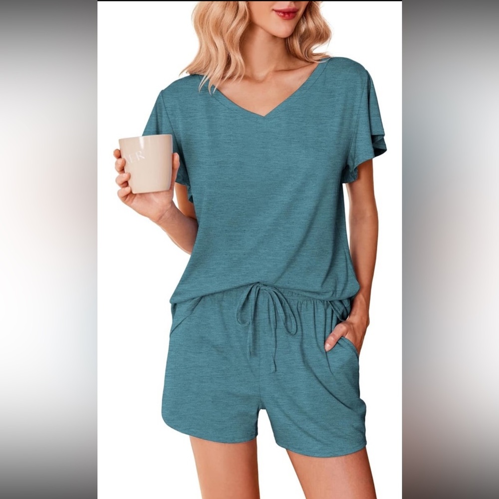 Women's Teal Sleepwear Set with Flutter Sleeves